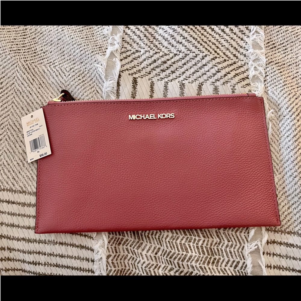 Michael Kors Jet Set Leather Wristlet Wallet Zipper Clutch Bag - Tulip